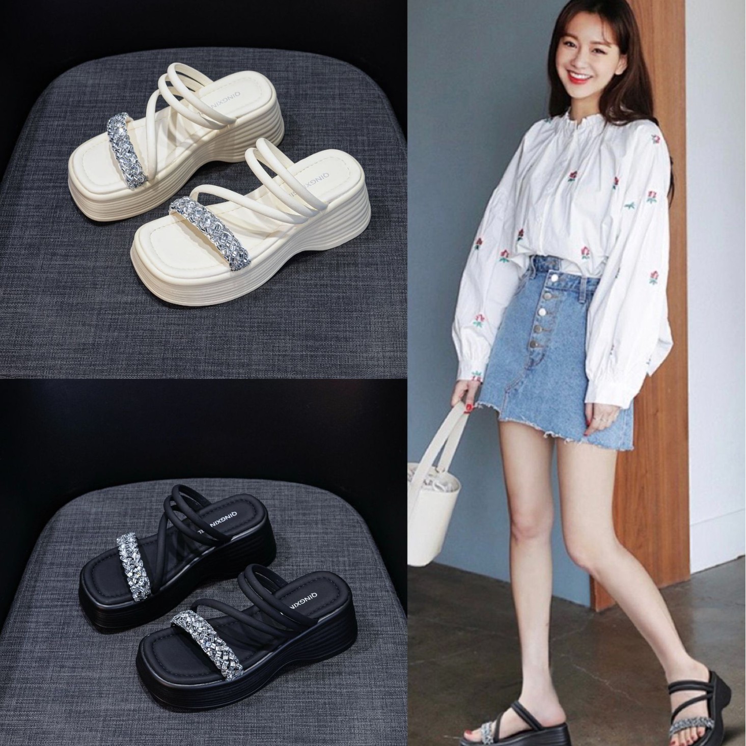 Dép sandal nữ quai chữ V đế dày phong cách tiên nữ — M2902 đen, M2902 bạc, M2902 be