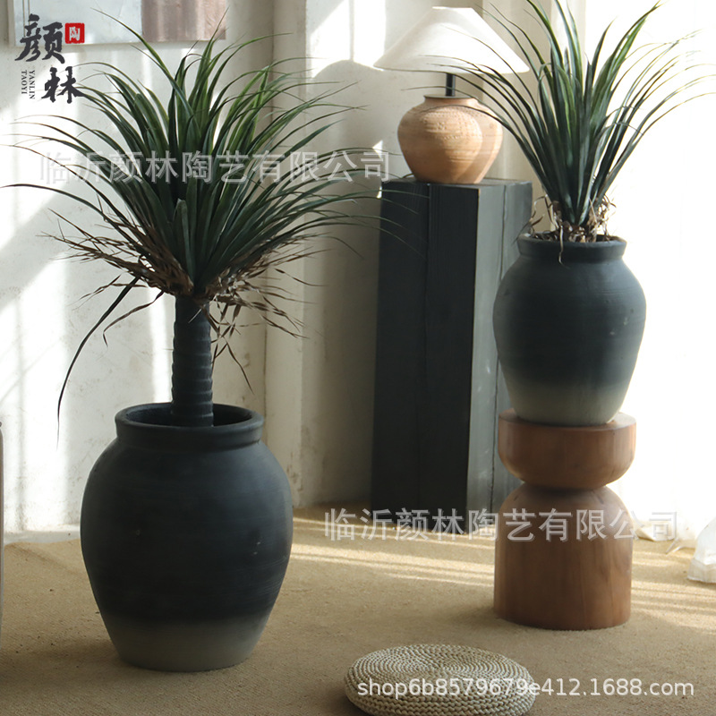 Cerámica de cemento gris negro maceta de flores para el hogar sala de estar decoración de hotel verde plantación de flores decoración de vivienda