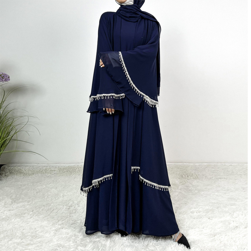 2024 New Chiffon Diamond Strip Big Horn Sleeve Long Dress Robe dress Women Cardigan suit Ethnic Costume 4618