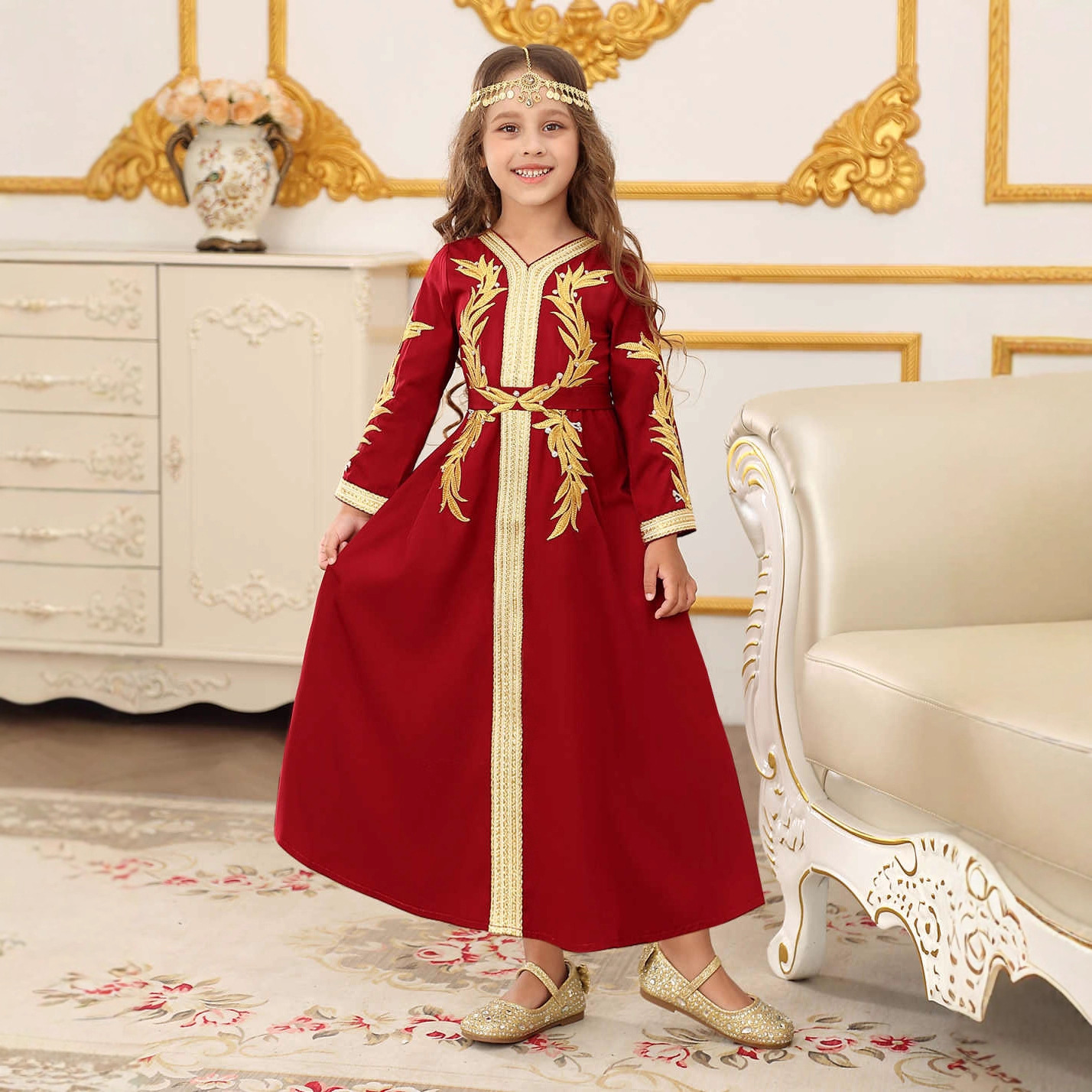 Girls Turkish Lace Trim Dress Solid Colour Childrens Robe_voghion.com