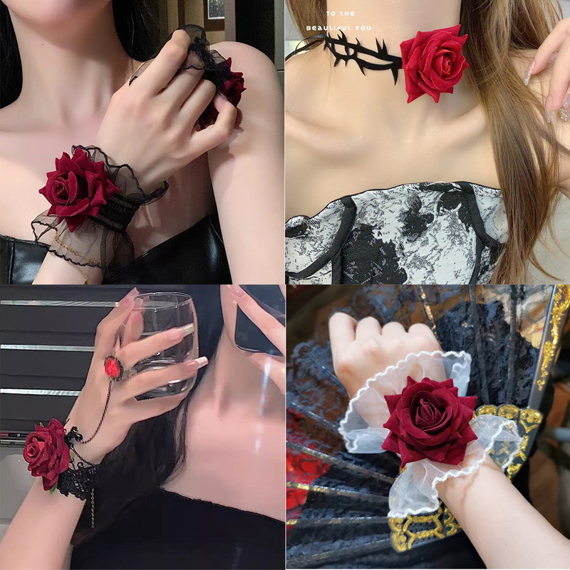 Punk Lace Wrist Vintage Gothic Accessories Bracelet Lolita Hand Gloves Halloween Rose Red