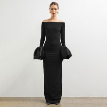 WG134时尚2025春季御姐风私服名媛女装涤纶一字领不规则裙连衣裙