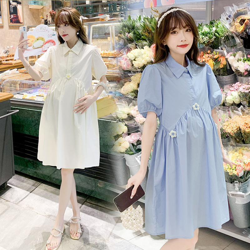 Pregnant women's summer shirt dress small plus size Blue shirt spring summer nursing skirt professional suit