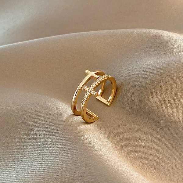 Japanese and Korean Double-layer Cross Ring Women's Opening Simple Korean Fashion Flash Diamond Finger Ring Copper Zircon ins Ring