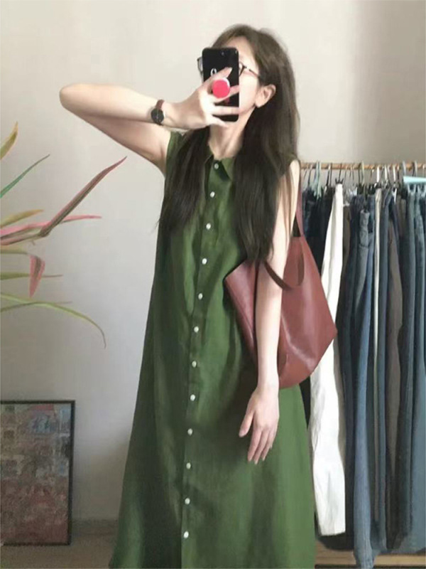 茶歇法式绿色棉麻背心连衣裙女2025夏感系带收腰显瘦气质长裙|undefined