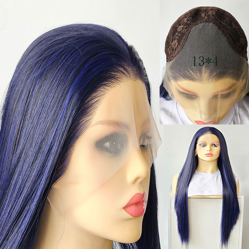 Women's Chemical Fiber Front Lace Headgear Dark Blue Mixed Color Long Straight Hair Natural Hairline High Temperature Silk Hand Hook Wig