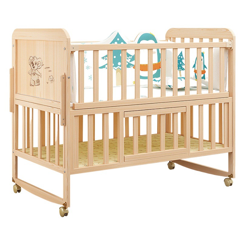 Bebé cuna de madera maciza sin pintura bebé BB cuna multifuncional niños recién nacido cama de costura móvil