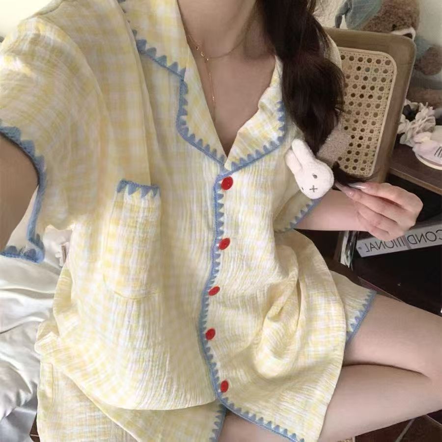 Al por mayor transfronterizo nueva nube de algodón crescente perro manga corta pantalones cortos pijama conjunto de mujeres de verano dulce cardigan ropa para el hogar