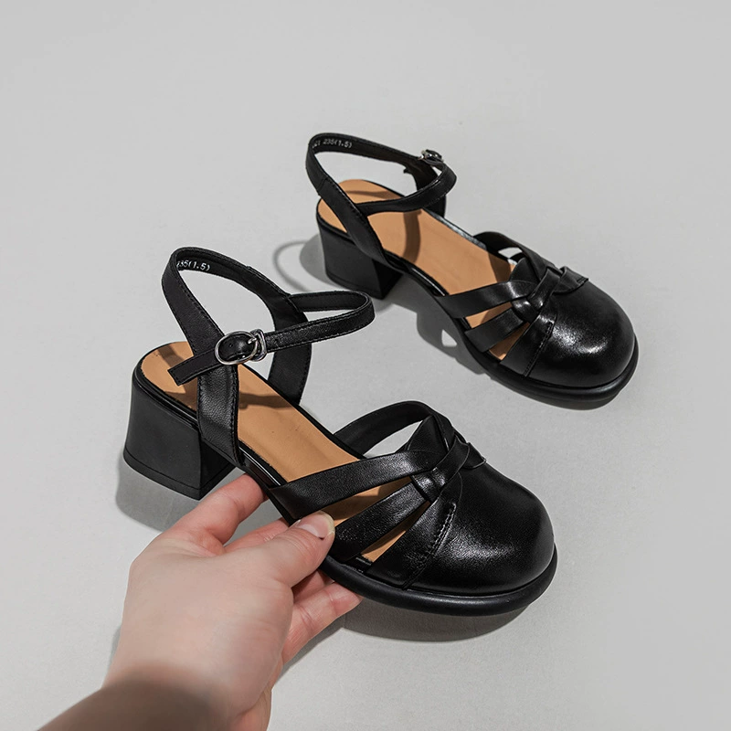 Римские сандалии для женщин 2024, с круглым носком, на массивном среднем каблуке, с перфорацией, плетеные, закрытые, на танкетке, для мам