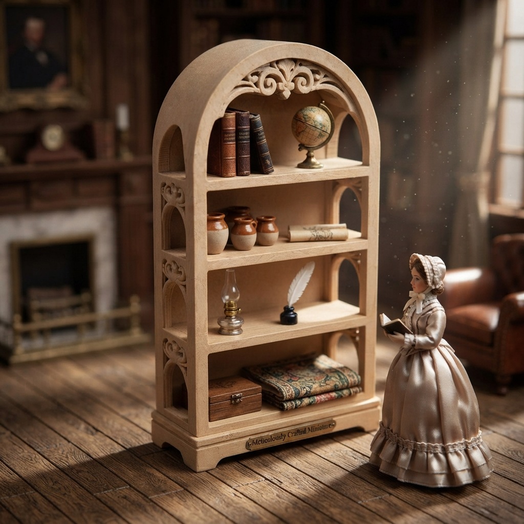 3D printed patterned shelf, 1:12 scale miniature dollhouse scene, original wood color, multi-layered doll and food play arrangement.