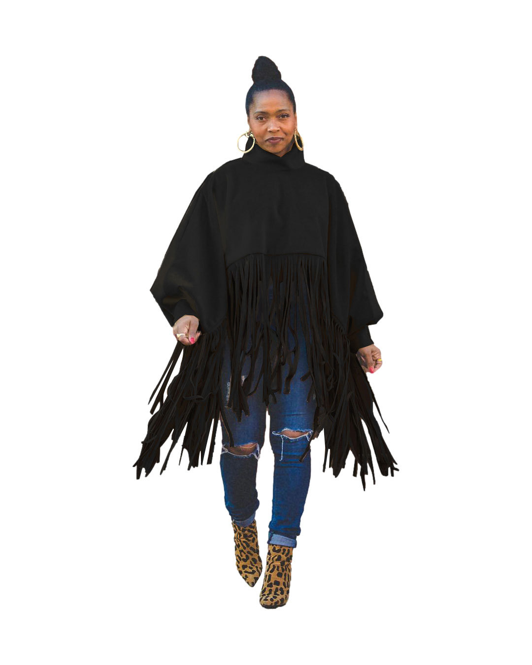 Women's fashion solid color long sleeve fringe top_voghion.com