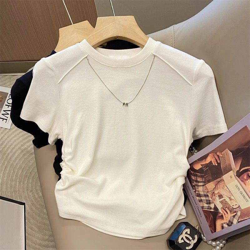 Super Hand-feel Modal Cotton Round Neck Shoulder Short-sleeved T-shirt Women's Summer New Pleated Waist Short Short Top Super Hand-feel Modal Cotton Round Neck Shoulder Short-sleeved T-shirt Women's Summer New Pleated Waist Short Short Top