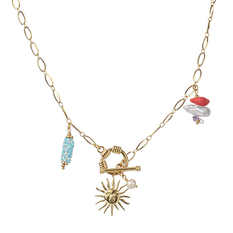 Fashion Sun Stainless Steel Beaded Pearl Plating Pendant Necklace 1 Piece