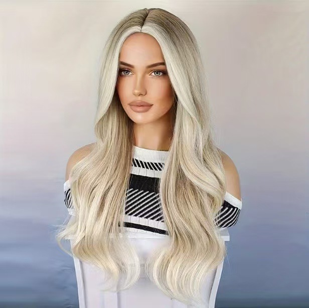 八字型前髪ミディアムレングスストレートヘアヨーロッパとアメリカの知的ウィッグ女性用機械製ゴールデン化学繊維ヘッドギアレイヤードウィッグ|undefined
