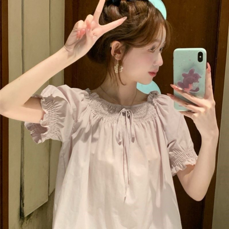 Versatile puff sleeve age-reducing lace trim short-sleeve shirt for women, summer tie-up loose top, puff sleeve top for women Versatile puff sleeve age-reducing lace trim short-sleeve shirt for women, summer tie-up loose top, puff sleeve top for women