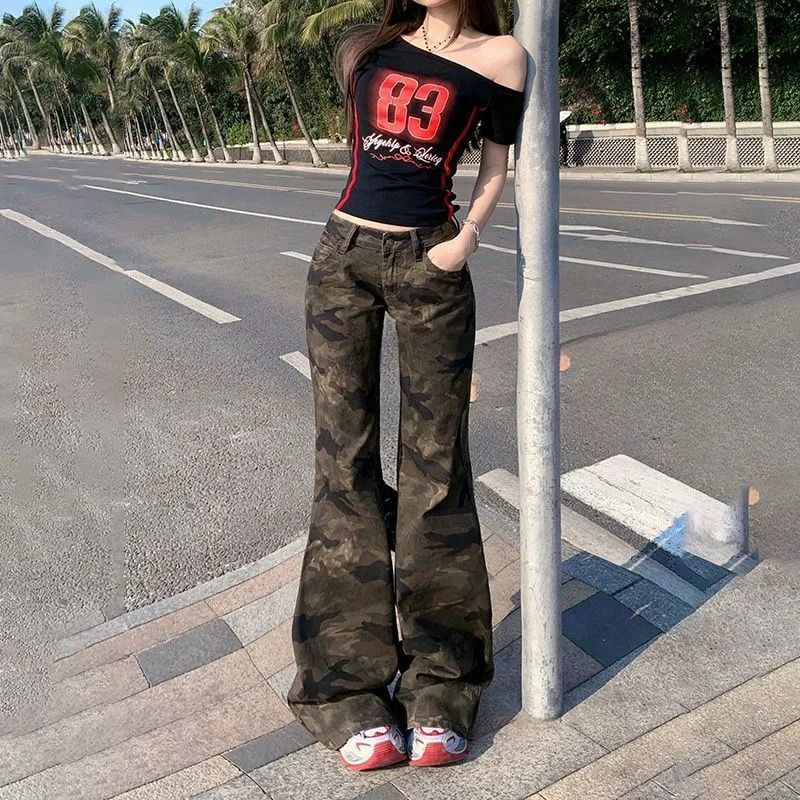 Camouflage Flared Jeans for Women, Autumn New Trendy, Non-Skinny, Stretchy, Slimming, Low Flare Pants