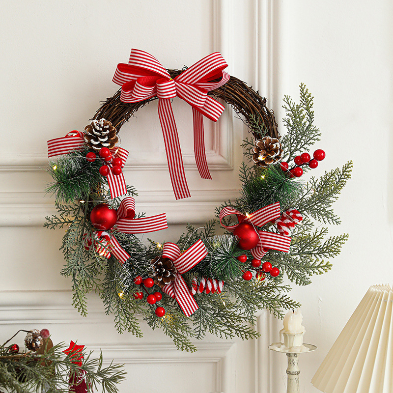 Navidad de madera arco de guirnaldas de pino rojo trenzado caña atmósfera decoración de ventanas de Navidad colgante de puerta