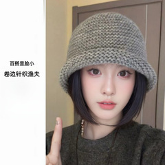 2025秋冬日系可爱粗毛线卷边渔夫帽羊毛混纺休闲大头围针织盆帽女