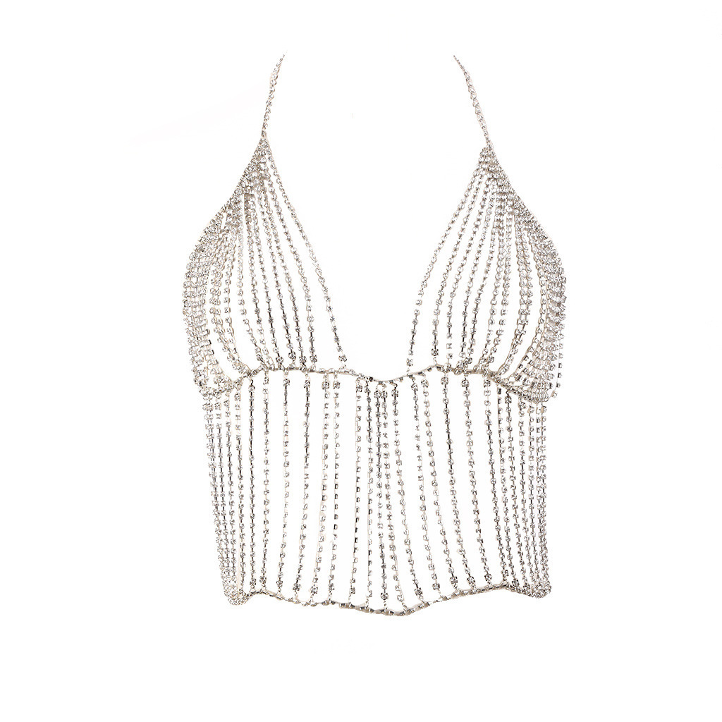Joyería transfronteriza europea y americana moda de verano rhinestone sujetador falda traje sexy discoteca cadena de la cintura borla cadena del cuerpo femenino