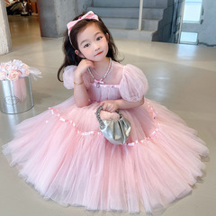 2024 South Korean Children's Pink Dress for Girls, Summer Fashion, Children's High-End Birthday Performance Dress with Net Fabric