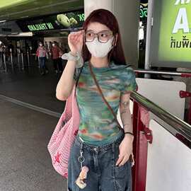 官图实价 薄款皱折美式印花网纱短袖t恤女修身短款辣妹上衣设计感