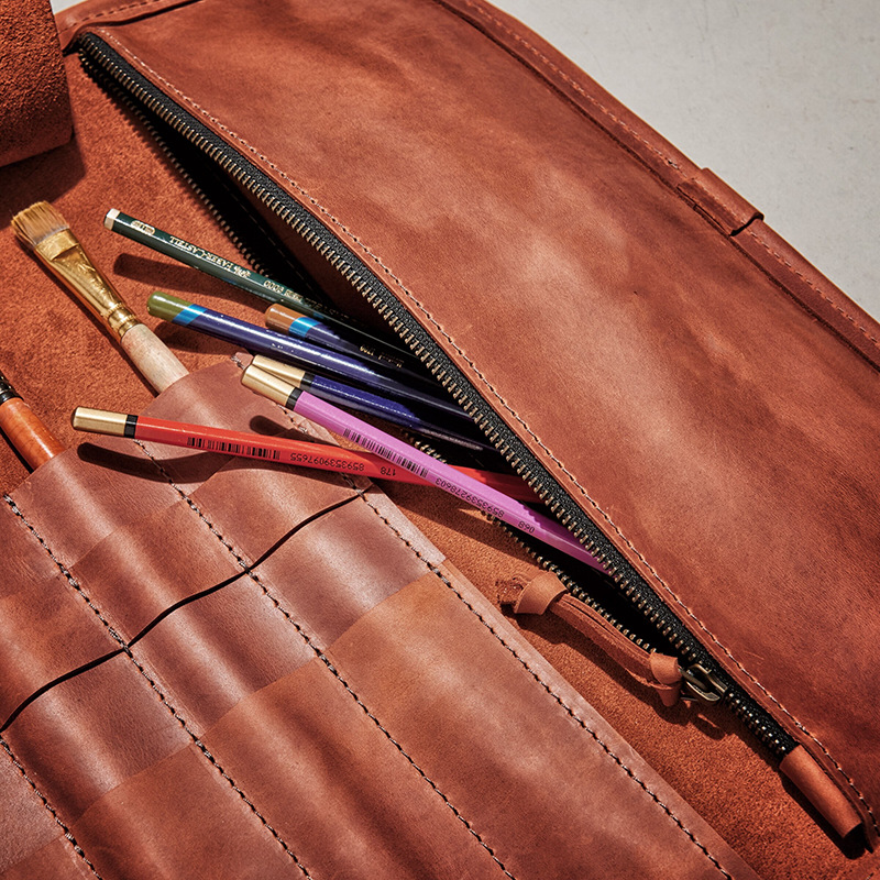 pu leather vintage oil brush painting brush brush storage bag can be slung multifunctional storage bag cosmetic brush storage bag