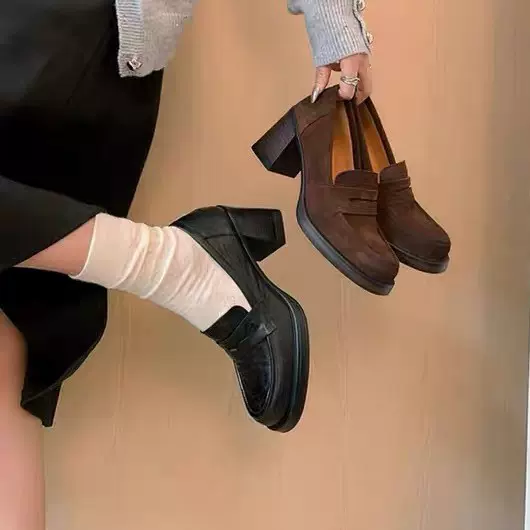 复古磨砂乐福鞋女2025新圆头真皮粗高跟单鞋一脚蹬小皮鞋