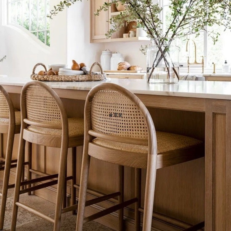 Solid Wood Bar Table, Light Luxury Table and Chair, Nordic Rattan Footstool, Modern Simple Backrest, Home Bar Front Desk Reception Chair