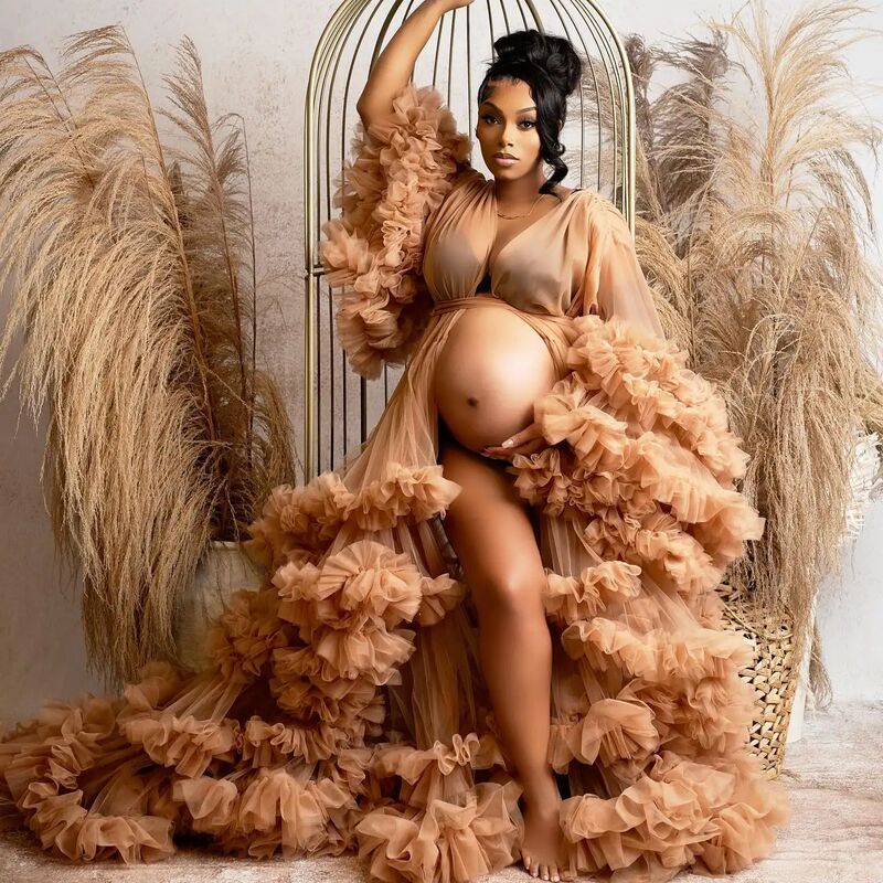 Light Brown Prom Dress Sexy V-Neck Ruffled Front Split Pregnant Photography Long Tulle Sleeve Ruffled Maternity Dress Light Brown Prom Dress Sexy V-Neck Ruffled Front Split Pregnant Photography Long Tulle Sleeve Ruffled Maternity Dress
