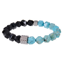 欧美时尚男士不锈钢手链10mm切面绿松石黑曜石手链弹力绳手镯批发