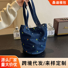 デニムバッグレディース2025新作韓国刺繍花バケツバッグ大容量レディースショルダーバッグトートバッグ
