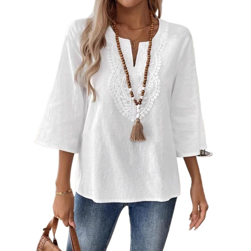 Loose Shirt Amazon Women's Clothing European and American Style 2024 Lace Trim Solid Color V-Neck Women's White Blue Red