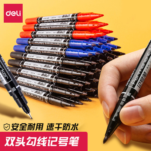 Deli marker 6824 double-headed black oily hook line pen thick-head art fine-head painting quick-drying marker pen