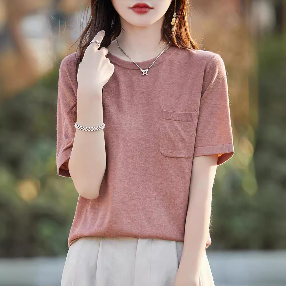 2025 New Summer Worsted Wool Knitted Short-Sleeved Women's Round Neck Quarter-Sleeved T-Shirt with Pockets Half-Sleeved Bottoming Shirt