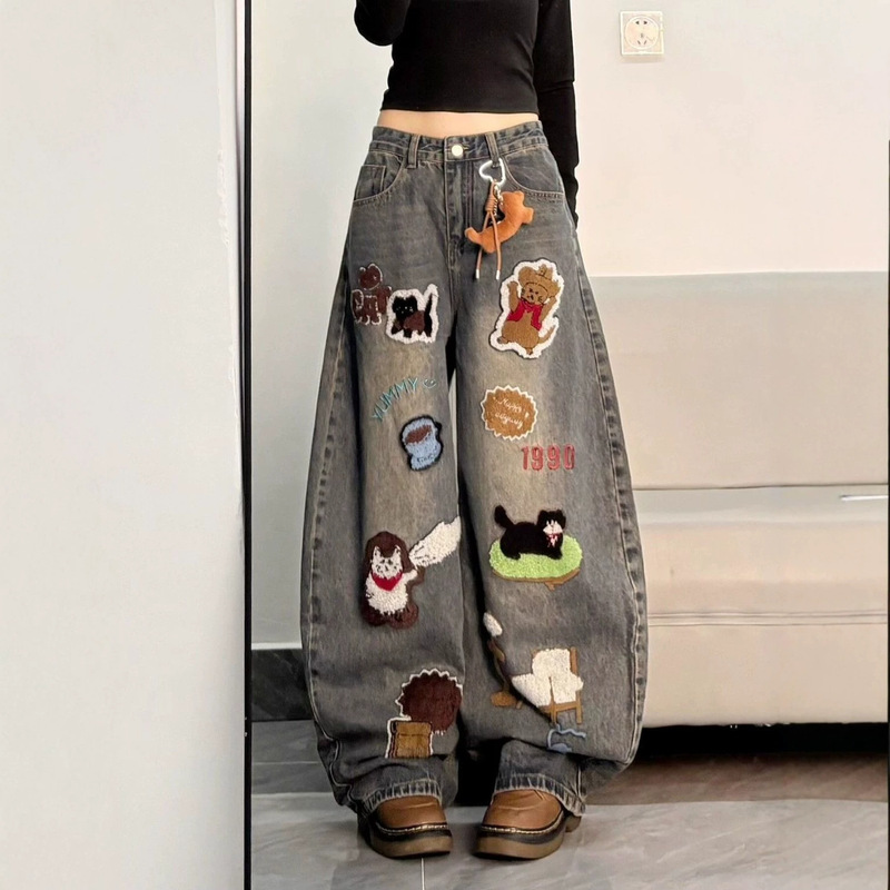 American retro cute cartoon towel embroidery scythe jeans for women, autumn high street loose slimming floor-length wide-leg pants American retro cute cartoon towel embroidery scythe jeans for women, autumn high street loose slimming floor-length wide-leg pants