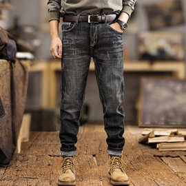 秋冬新款复古做旧牛仔裤男高端美式潮牌刮烂水洗弹力修身直筒裤子