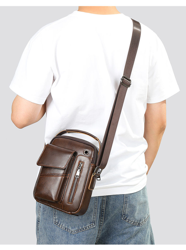 Túi đeo chéo nam da bò thật 17,5×5×21,5 cm kiểu mới đeo vai công sở — 7512 Đen vân vải, Cà phê, Cà phê đậm 7512, Màu nâu chi tiết 10