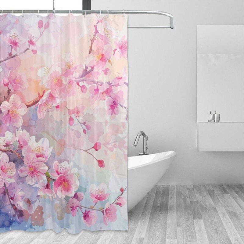 Ins Style Waterproof Cherry Blossom Bathroom Partition Curtain, Household Shower Curtain, Foreign Trade E-Commerce Wholesale Curtain