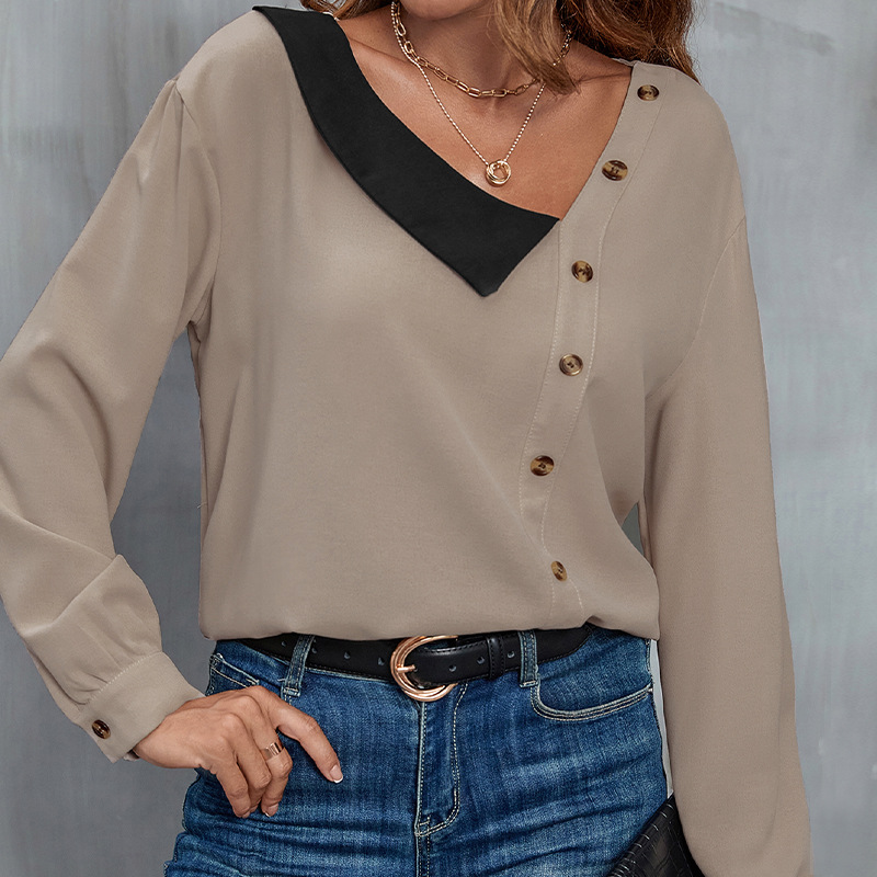 autumn new button v-neck long-sleeved knitted women's solid color blouses_voghion.com