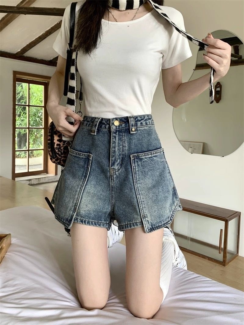 Quần short denim nữ lưng cao túi hộp phong cách vintage ống rộng — Lời bài hát: Blue (No Belt - Pants) chi tiết 10
