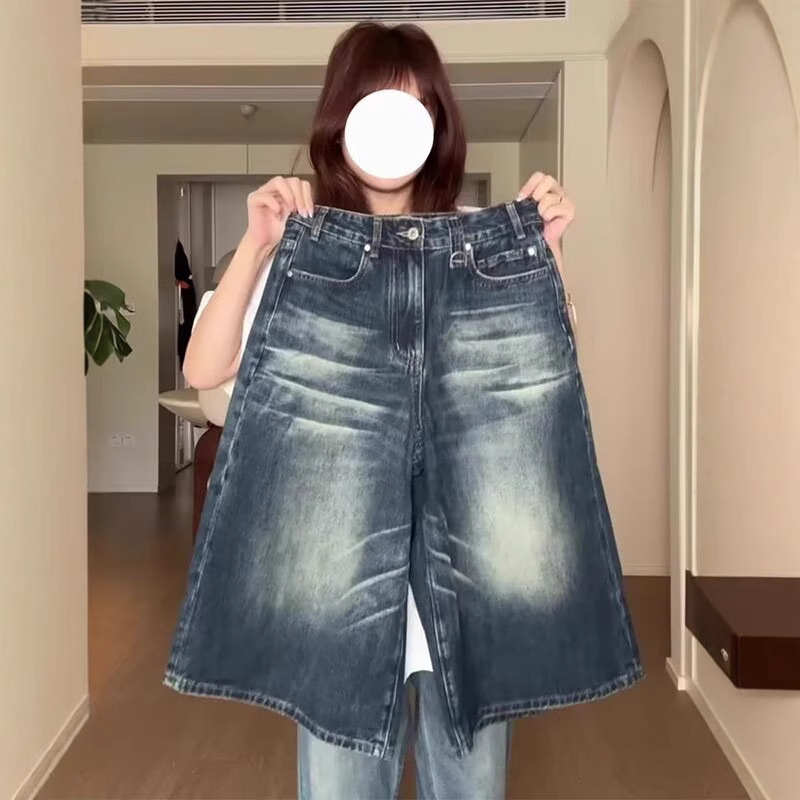 Summer American Style Retro Old Blue Jeans Women's Niche All-match Loose Slimming Straight Leg Casual Cropped Pants
