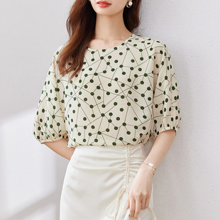 Abstract Polo Dot Chiffon Shirt 24 Summer New Niche Bat Sleeve Design Loose Bat Shirt for Women