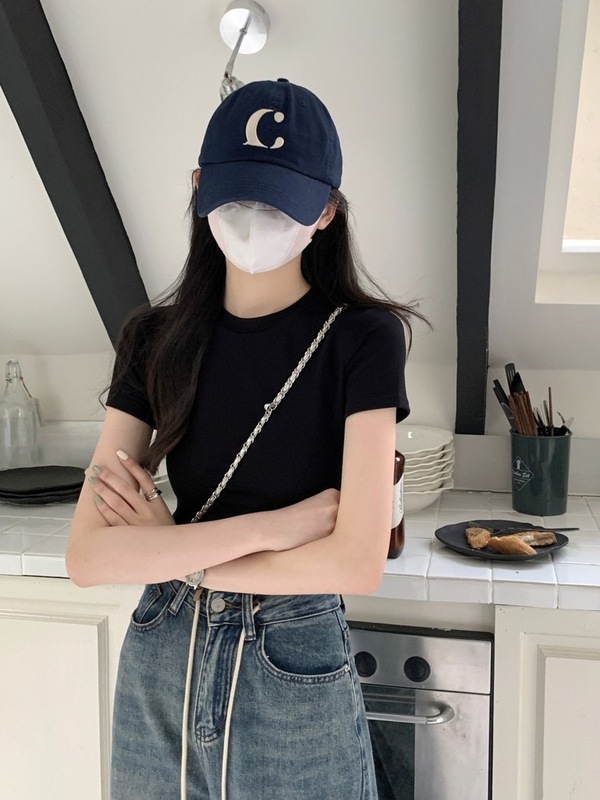 纯棉t恤女夏季短款短袖高腰辣妹修身显瘦纯色正肩短袖上衣打底衫|undefined