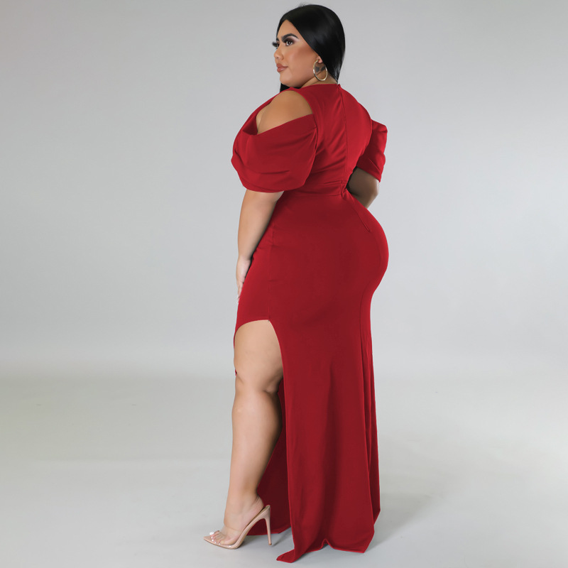 Plus Size V-neck Fishtail Maxi Dress High Slit Flutter Sleeve_voghion.com