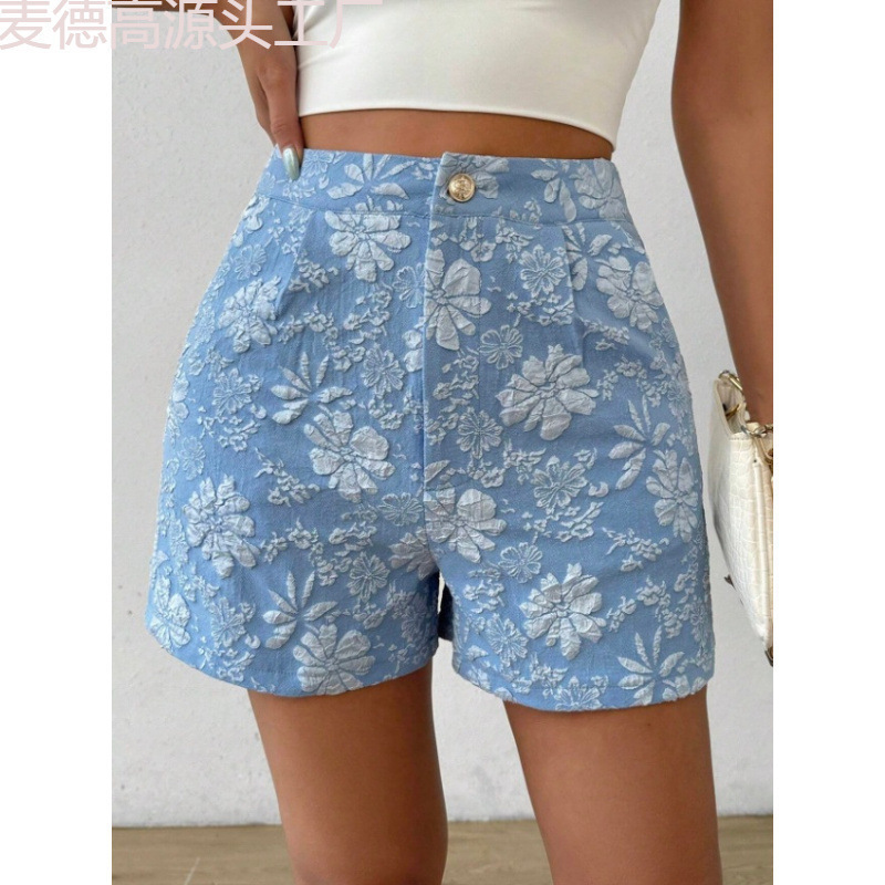 2025 Cross-Border European and American Shein Summer Women's New Fashion Texture Jacquard Retro High-Waisted Straight Shorts