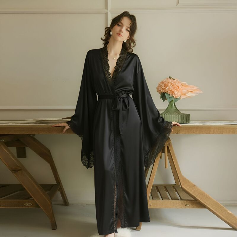 Light Luxury High-End Satin Lace Bell-Sleeve Long Nightgown for Women with Tie V-Neck Home Bathrobe, Available in Multiple Colors 336