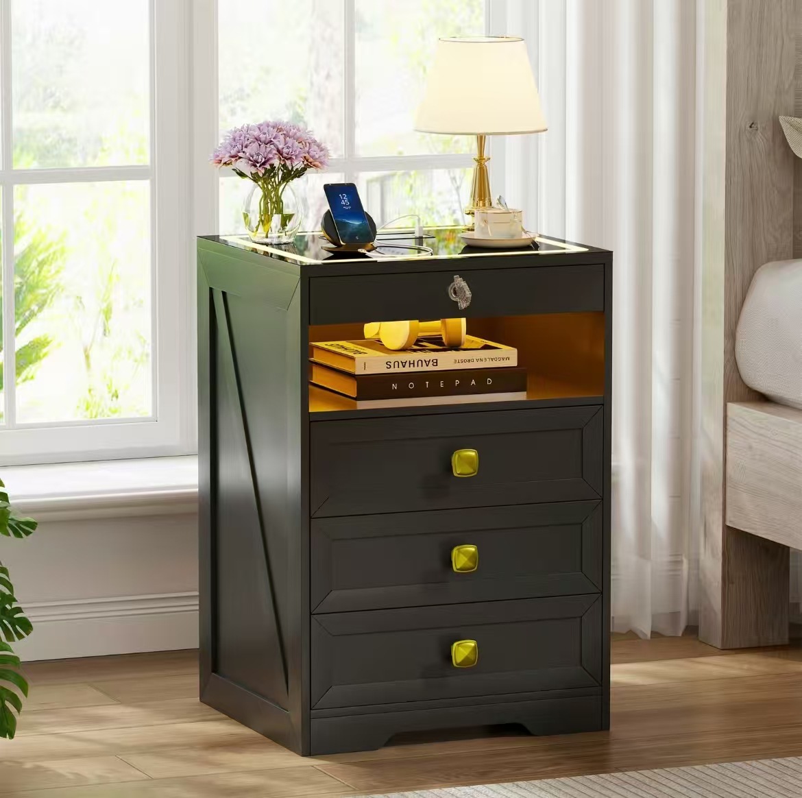 Cross-Border E-Commerce Foreign Trade Led Bedside Table with Three Drawers, Glass Top Bedside Table with Wireless Charging