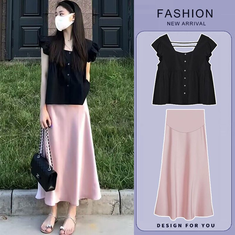 Pregnant Women's suit 2024 Summer New French Temperament Flying Sleeves Loose Slimming Black Top Belly-supporting Skirt