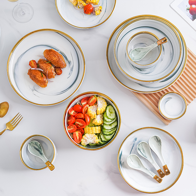 Conjunto de cubiertos de cerámica personalizados nórdicos de platos de mármol de Phnom Penh combinación de platos de ensalada de filete casero
