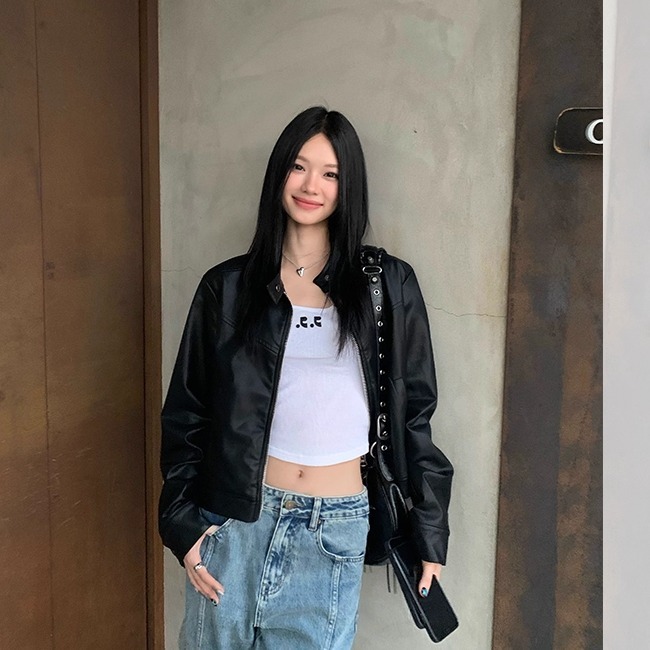 黑色短款皮衣外套女2025秋新款立领机车PU上衣飒酷风皮夹克小个子|undefined